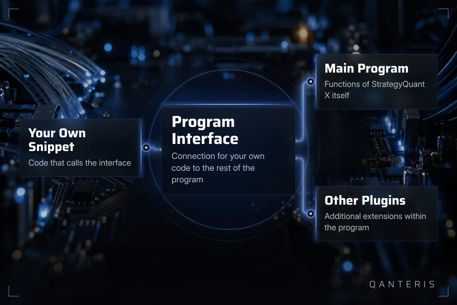 The Program interface connects your own code to the main program and to other StrategyQuant X plugins.