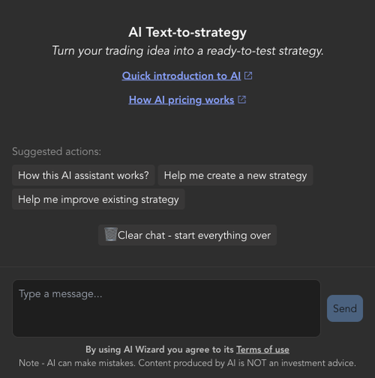 StrategyQuant X, AlgoWizard editor with the AI Wizard panel open: “AI Text-to-strategy”, suggested actions and a message field.