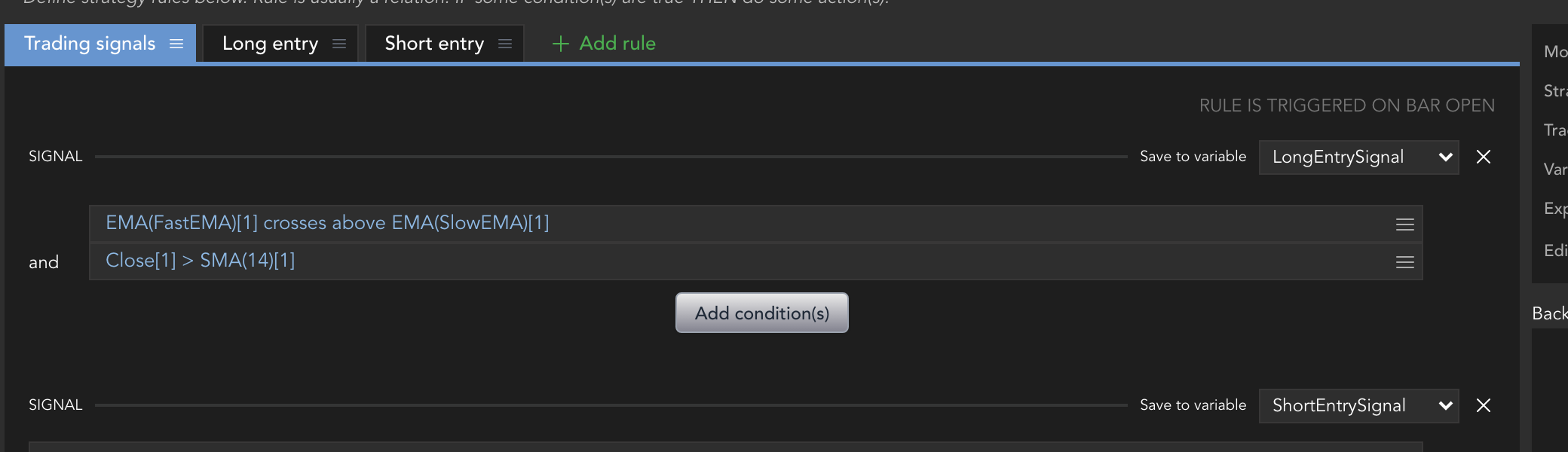 In AlgoWizard, a price reference and an indicator like a moving average turn into a buildable condition.
