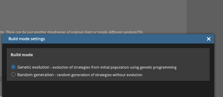 In the Builder, you decide before every run whether StrategyQuant builds new strategies by random generation or genetic evolution.