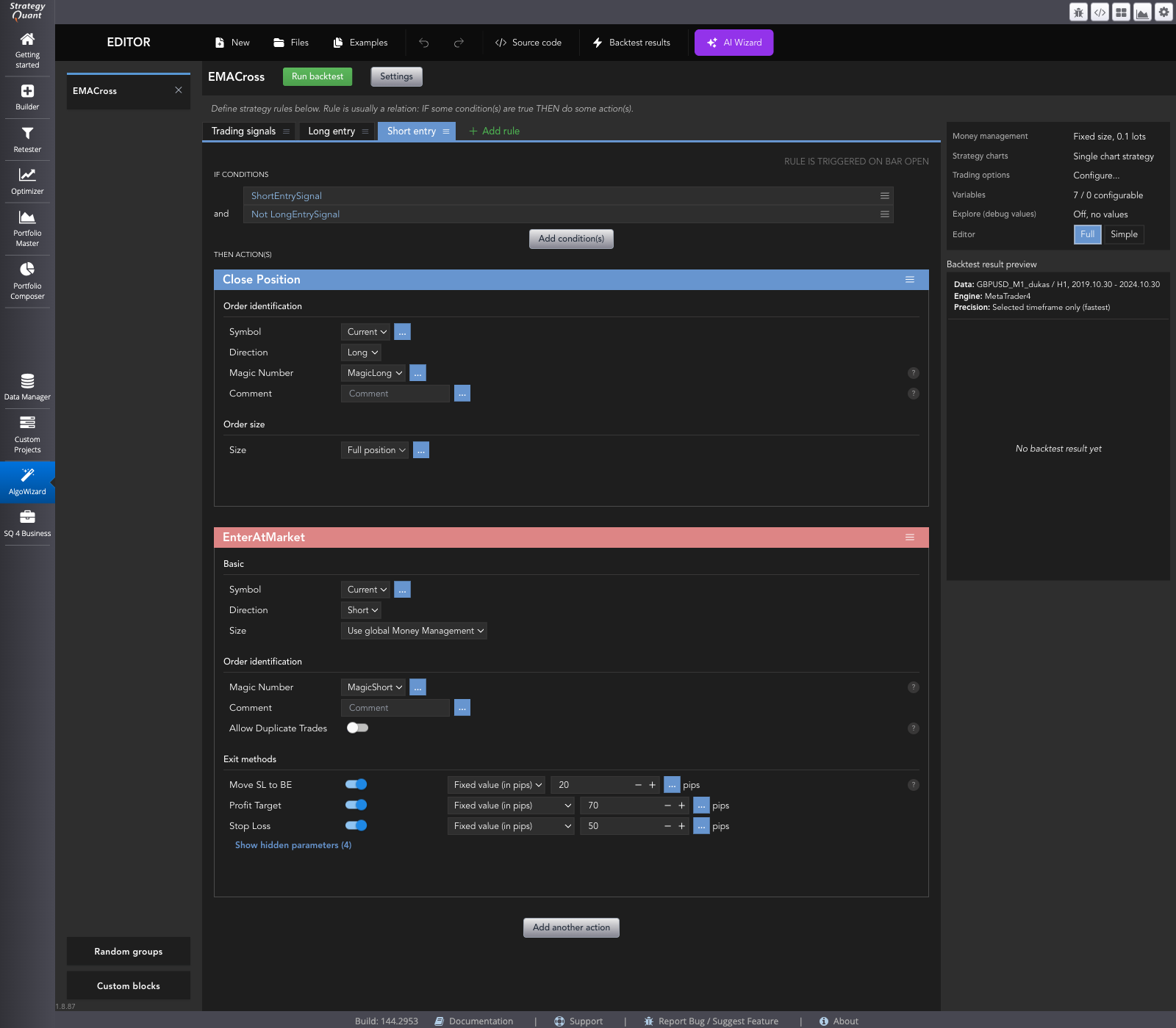 In the EA Wizard you combine conditions and actions into rules without writing any code yourself.