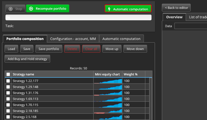 In Portfolio Composer you set weights and account data, then recalculate the result with Recompute portfolio.