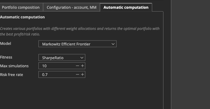 In the Portfolio Composer, the Simulations setting determines how many weighting combinations are automatically calculated, the documentation gives example values such as 500 or 1000.