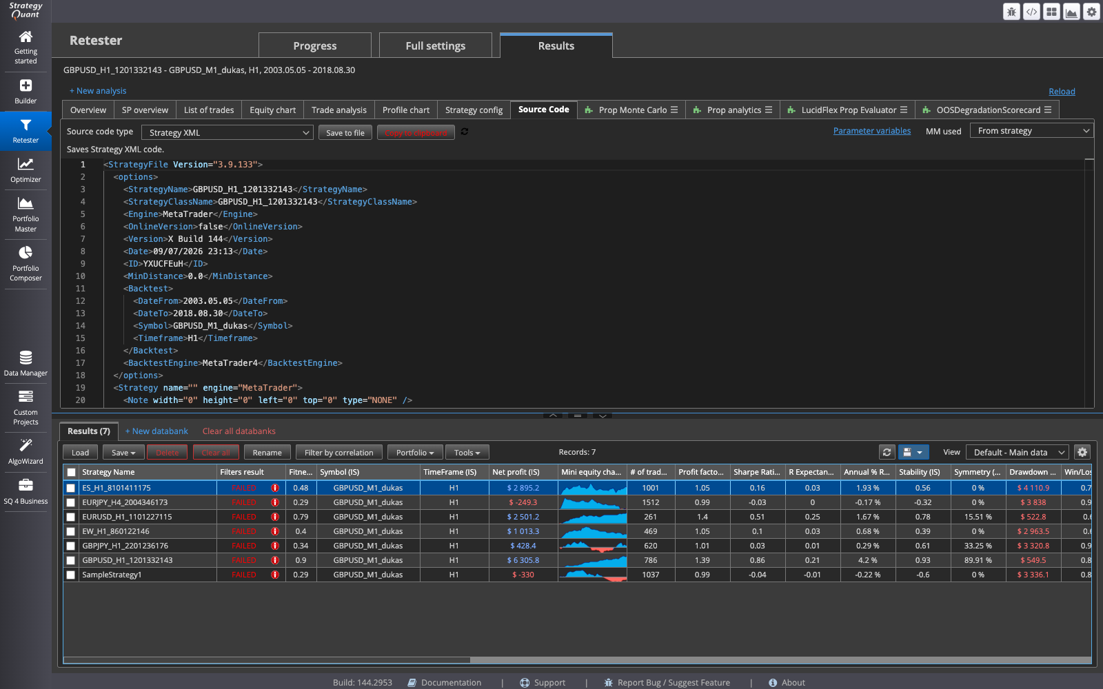 The Source code tab in the Results area is where StrategyQuant X exports the code for MetaTrader 4.